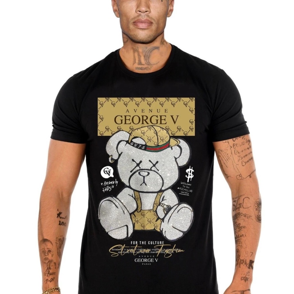 Avenue George V Paris Men's BlackT-Shirt Crystal rhinestone Teddy Bear fitted